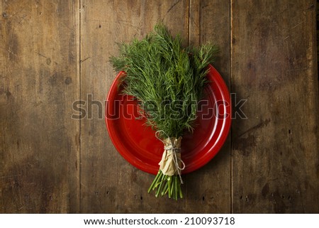 Dill weed on red plate with old vintage wooden table.
