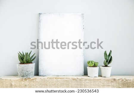 scandinavian or american style room interior with painted frame and three succulents in diy concrete pot background for text