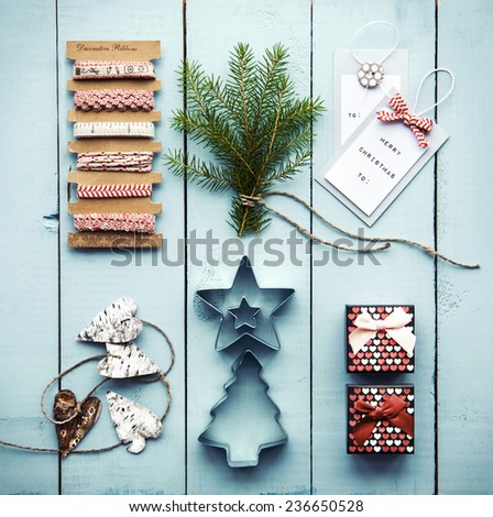 Set of Christmas objects for decoration and gift package