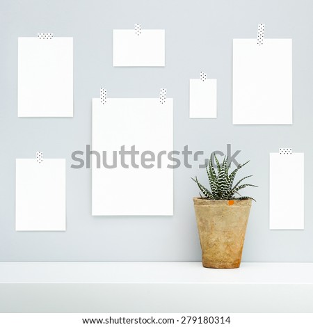 Hipster scandinavian interior design.  Mood board with empty pieces of paper hanging on the gray wall with potted succulent flower. Mock up.