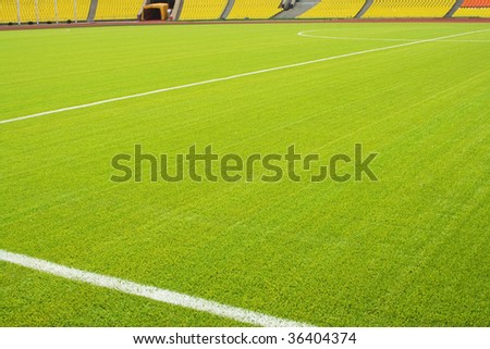 View of the green grassy artificial lawn on football/soccer field
