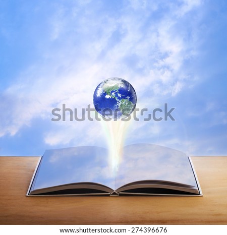 Earth over open book that has sky on it page on blue sky background, Elements of this image furnished by NASA
