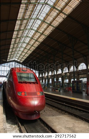 Paris, France. May 9, 2015. Red Thalys train at the platform at Gare du Nord station in Paris