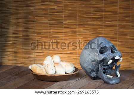 Skull and Mould on food. Bread with mildew. Rotten food, bread, expire date.