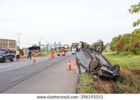 UDONTHANI, THAILAND - JULY 14: Highway crash wreck with truck, and rescue workers. July 14, 2015 in Udonthani, Thailand