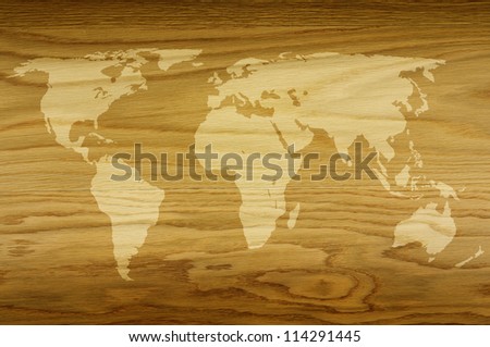 world map on a textured wood grain background