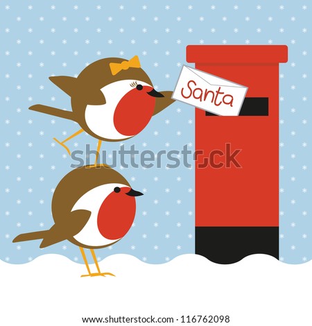 humorous christmas card with cute robins posting a letter to santa