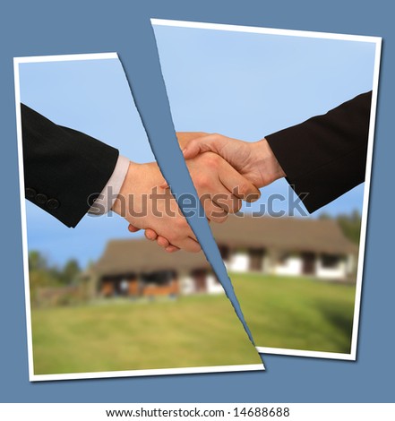 torn photograph of people shaking hands against a property