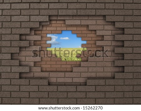 hole in brick wall revealing an open field