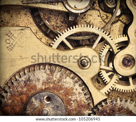 Close-up of old vintage pocket clock mechanism, added grunge texture