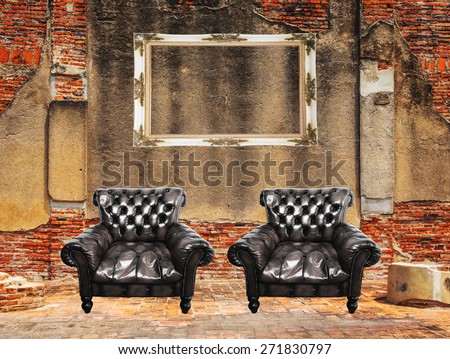 Leather sofa in the cement floor brick old vintage.