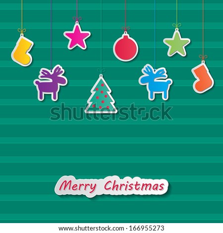 christmas balls, rein deers, socks, christmas tree and stars hanging on green stripes background. vector.
