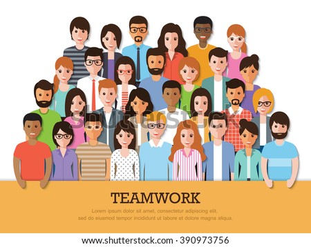 Group of business people at work with teamwork banner on white background. Businessman and businesswoman. Business team and teamwork concept in flat design people characters.