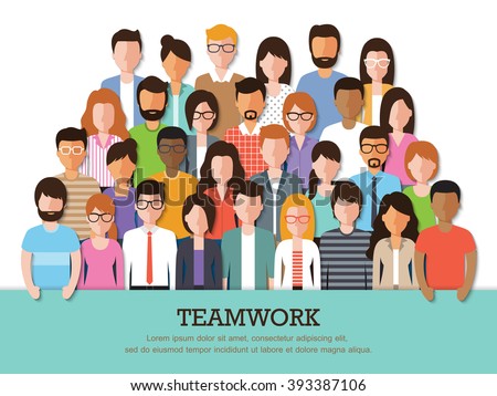 Group of business people at work with teamwork banner on white background. Businessman and businesswoman. Business team and teamwork concept in flat design characters.