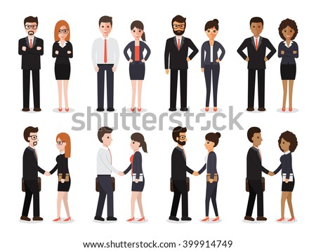 Group of business men and business women standing , people at work with handshaking on white background. Flat design characters.
