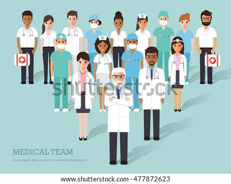 Group of doctors and nurses and medical staff. Medical team concept in flat design people characters.
