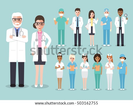 Group of doctors and nurses and medical staff. Medical team concept in flat design people character set.