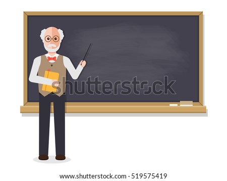 Senior teacher, professor standing in front of blackboard teaching student in classroom at school, college or university. Flat design people characters.