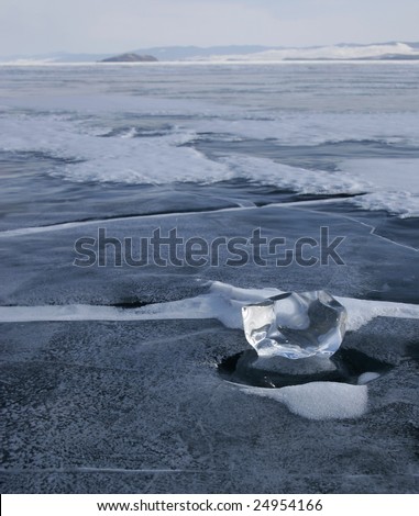 Surface of lake covered with snow and ice