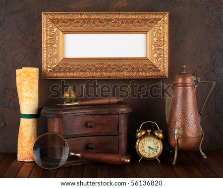 Picture gold frame with ancient subjects. Still-life.