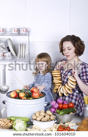 the little lovely girl with mother in kitchen learns to prepare