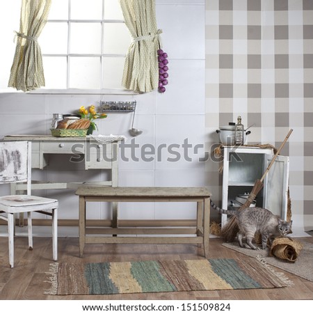 Old Kitchen With Window, Cats And Light Furniture