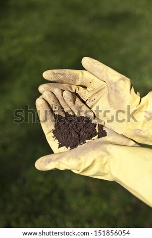 hands in garden gloves smeared with earth