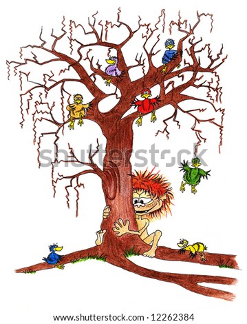 Troll is hidden behind tree