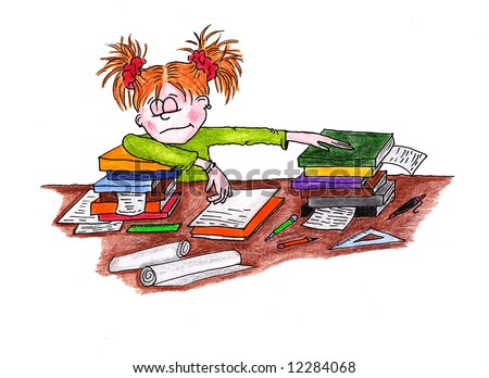 Girl sleeps behind table with books