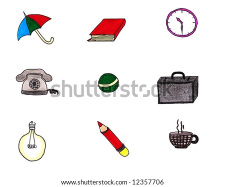 Umbrella, book, hours, phone, ball, case, bulb, pencil, coffee