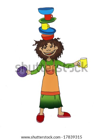 Woman with utensils on head