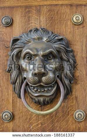 metal lion knocker on wooden door