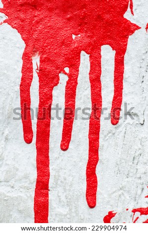 closeup to red paint drips  on white background