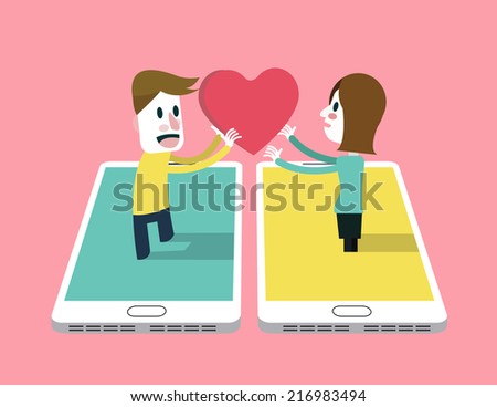 A man sent love emotion icon to A girl on smartphone . social networking and relationship concept. flat design vector illustration