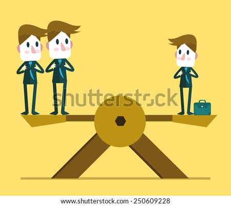 Small businessman weighting balance with two other big business people. Human resource concept.  vector illustration