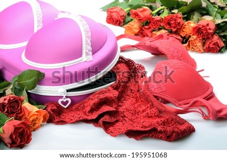Female small suitcase for storing lingerie and rose flowers in still life
