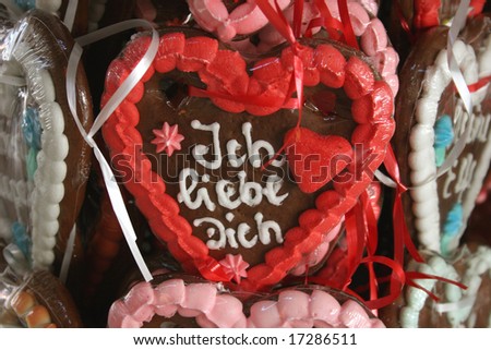 Typical german Lebkuchenherz (Sweet heart) with the sentence Ich liebe Dich (I love you)