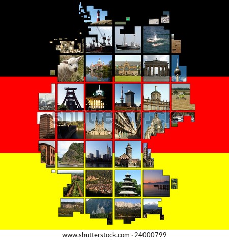 Germany in squares (500x500 pixel in original size) - with different typical pictures of the associated area of the map