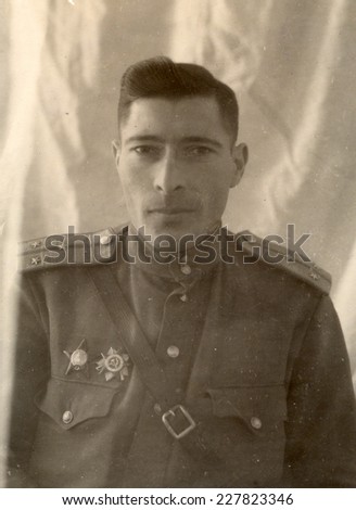 USSR - CIRCA 1946: Portrait of a Soviet Army lieutenant who was awarded the Order of the Red Star and Order of the Great Patriotic War, circa 1946