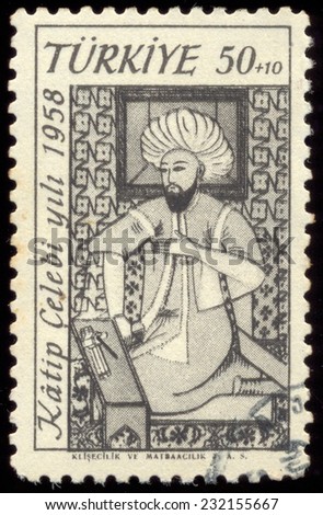 Turkey - CIRCA 1958: stamp printed by Turkey, shows, An Ottoman scholar, Katip Celebi  historian and geographer, circa 1958.
