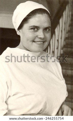USSR - CIRCA 1954s: An antique Black & White photo portrait of nurse.