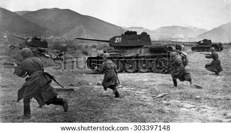 USSR, Russia - CIRCA 1954: An antique Black & White photo of a training of the Russian soviet army