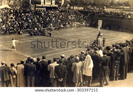 USSR, Russia - CIRCA 1937: An antique Black & White photo of a meeting match of tennis