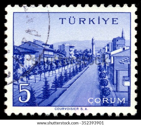 MOSCOW, NOVEMBER 17, 2015: TURKEY - CIRCA 1958: stamp printed by Turkey, shows Turkish city, Corum, circa 1958.
