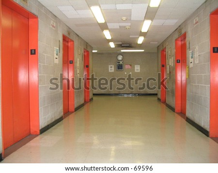 empty elevator banks, school corridors