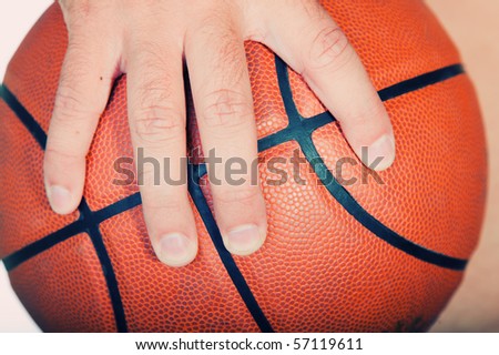 The isolated image of a hand and basketball ball on a white background
