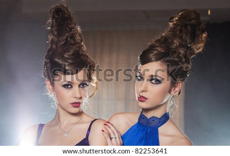 Two glamour girls the twins, one in a dark blue dress another in the violet pose in a smoke