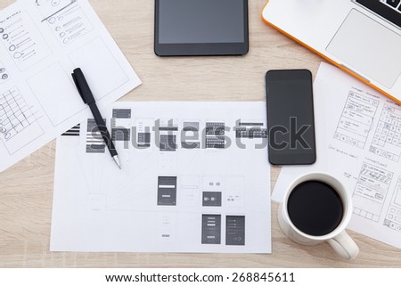 Workplace developer of mobile applications, laptop, notebook, hand, mobile phones and tablets