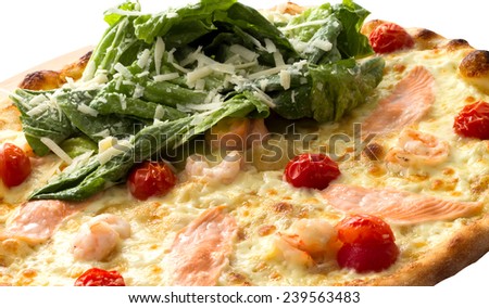 Pizza with ham, sausage, meat, pepper and olives as food background or texture. Isolated on white background