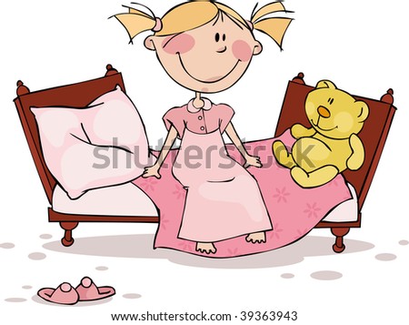 The Little Girl Sits In The Bed With A Favourite Toy Stock Vector ...